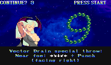 After a loss, the continue screen offers one of 85 tips, here Morrigan's Vector Drain.
