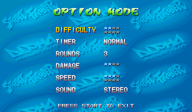 Difficulty, timer, rounds, damage, speed and sound in OPTIONS.