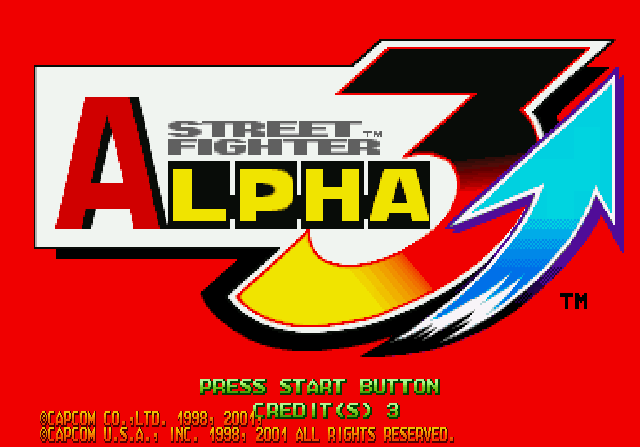 USA region: The same patched disc on two BIOS regions. The game's own region-dependent title art shows Street Fighter Zero 3 on a Japanese board and Street Fighter Alpha 3 on a USA board. Note the U.S. copyright line under the American title.