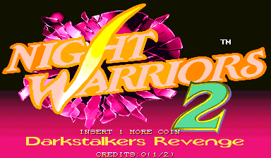 Patched: Title screen. The arcade-native Night Warriors 2 logo, completed from the unused Western title path in the original ROM.